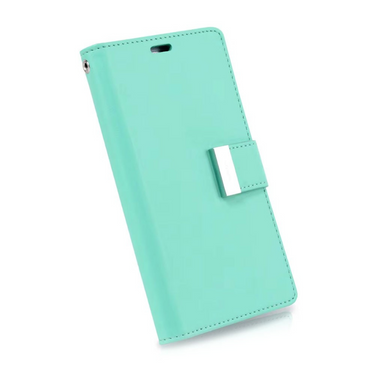 iPhone 14 Pro High-Quality Flip Wallet Case Cover - Shock-Resistant with Front Cover, Multiple Card Slots, Magnetic Closure and Media Stand Convertible - Mint & Purple